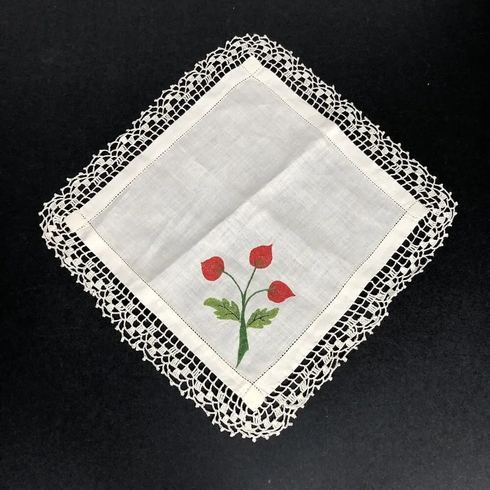 Vintage Small Table Topper Linens Square Purple Grapes Red Flowers Crochet Edge